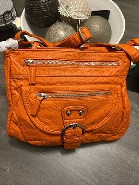 Textured Orange Quilted Crossbody Bag with Front Zip Pocket